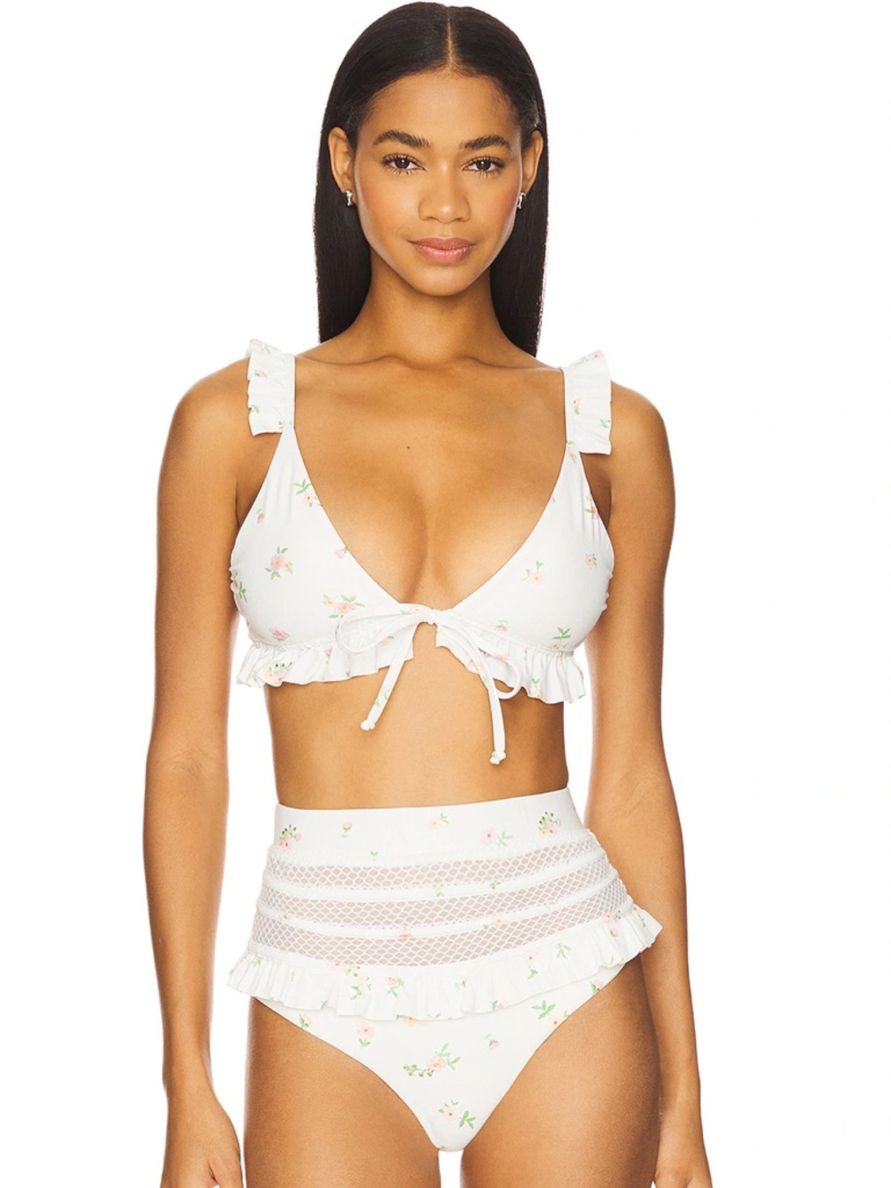 NWT TulaRosa Sz S White Floral Ruffle Tie Bikini Top Dreamer top Bardot $88